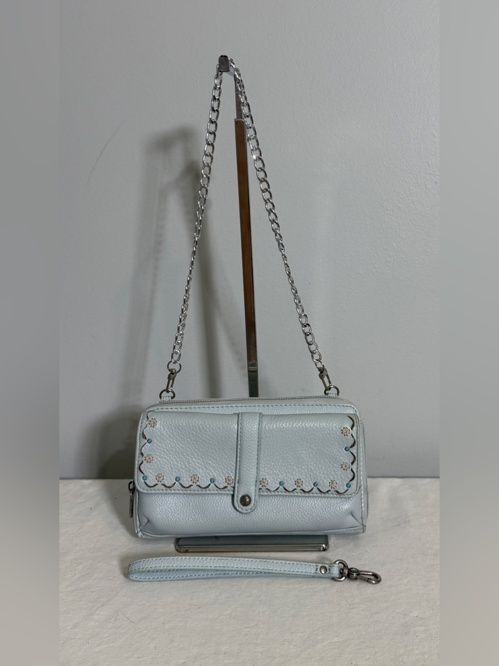 The Sak Light Blue Leather Shoulder Bag Wristlet Wallet with Replacement Strap